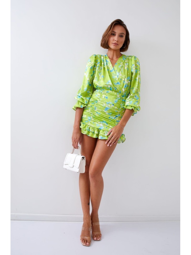 Fitted floral dress with draping, lime green 2937 - Online store - Boutique